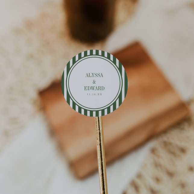 Minimal Striped Green Bride Groom Names Wedding Classic Round Sticker (Creator Uploaded)