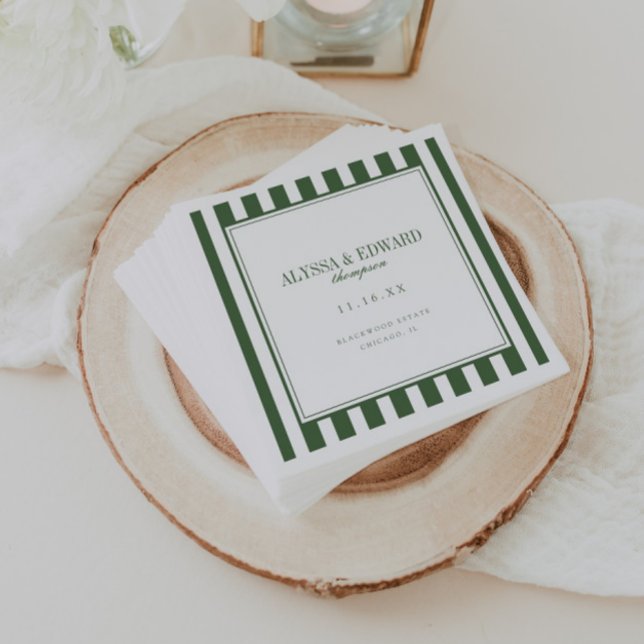 Minimal Striped Green Wedding Bride Groom Names Napkins (Creator Uploaded)