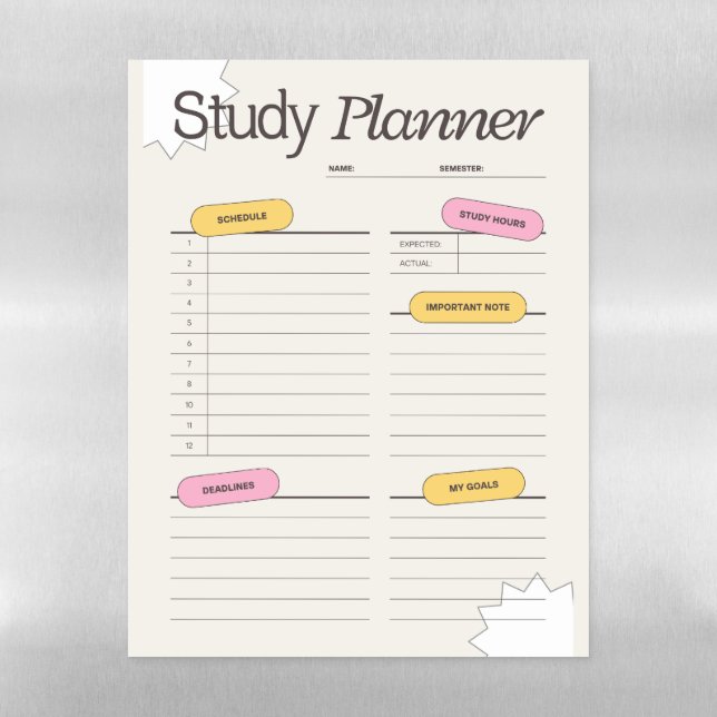 Minimal Study Planner With Hourly Schedule Magnetic Dry Erase Sheet (Vertical)