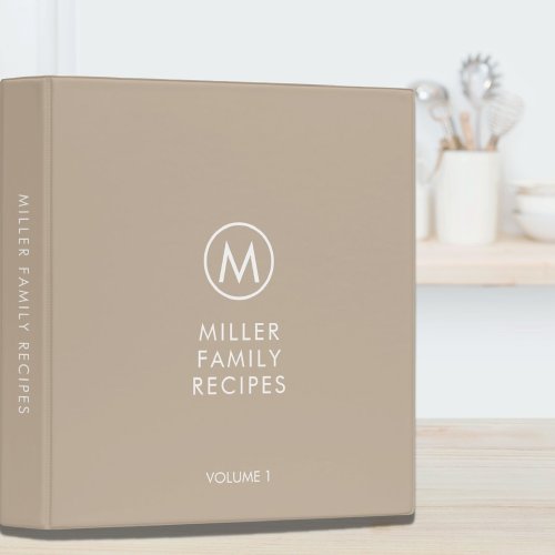 Minimal Stylish Beige Family Monogram Recipe 3 Ring Binder