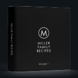 Minimal Stylish Black Family Monogram Recipe 3 3 Ring Binder<br><div class="desc">Modern recipe binder features a minimalist design in a black and white color palette. Personalized family name presented in the center in stylish simple font with a complimentary minimal monogram medallion. Shown with a custom name and monogram initial on the front in modern typography, this personalized family recipe binder is...</div>