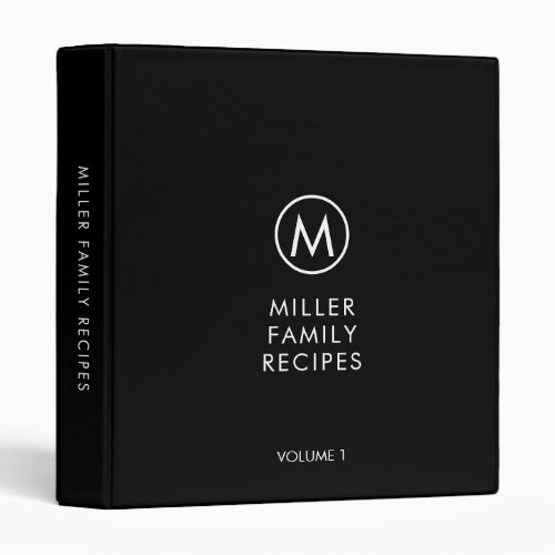 Minimal Stylish Black Family Monogram Recipe 3 3 Ring Binder