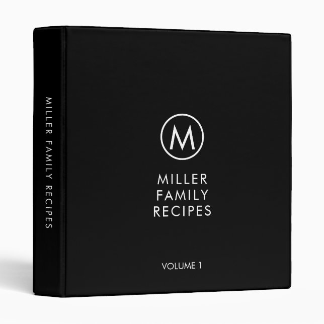 Minimal Stylish Black Family Monogram Recipe 3 Ring Binder (Front/Spine)