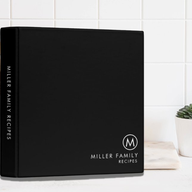 Minimal Stylish Black Family Monogram Recipe 3 Ring Binder (Creator Uploaded)