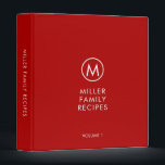 Minimal Stylish Family Monogram Recipe 3 Ring Binder<br><div class="desc">Modern recipe binder features a minimalist design in red and white. Personalized family name presented in the center in stylish simple font with a complimentary minimal monogram medallion. Shown with a custom name and monogram initial on the front in modern typography, this personalized family recipe binder is designed with custom...</div>