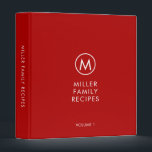 Minimal Stylish Family Monogram Recipe 3 Ring Binder<br><div class="desc">Modern recipe binder features a minimalist design in red and white. Personalized family name presented in the center in stylish simple font with a complimentary minimal monogram medallion. Shown with a custom name and monogram initial on the front in modern typography, this personalized family recipe binder is designed with custom...</div>