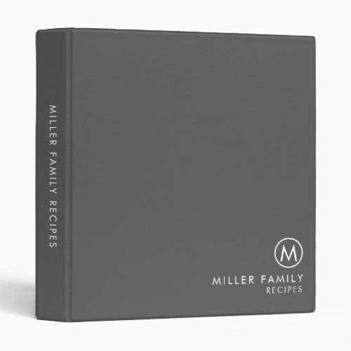 Minimal Stylish Gray Family Monogram Recipe 3 Ring Binder