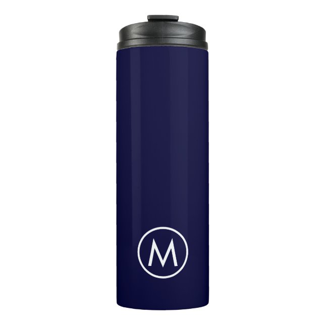Minimal Stylish Navy White Monogram Travel Mug (Front)