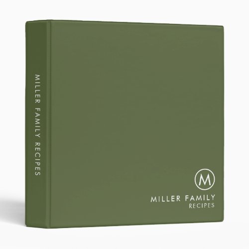 Minimal Stylish Olive Family Monogram Recipe 3 Ring Binder