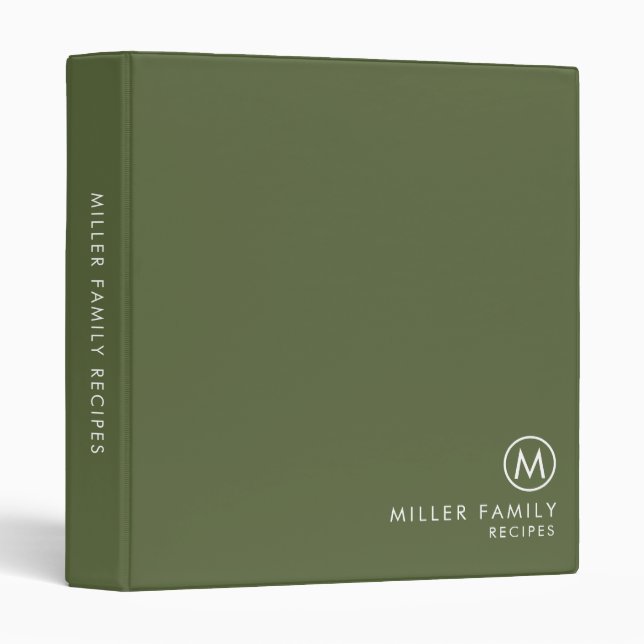 Minimal Stylish Olive Family Monogram Recipe 3 Ring Binder (Front/Spine)