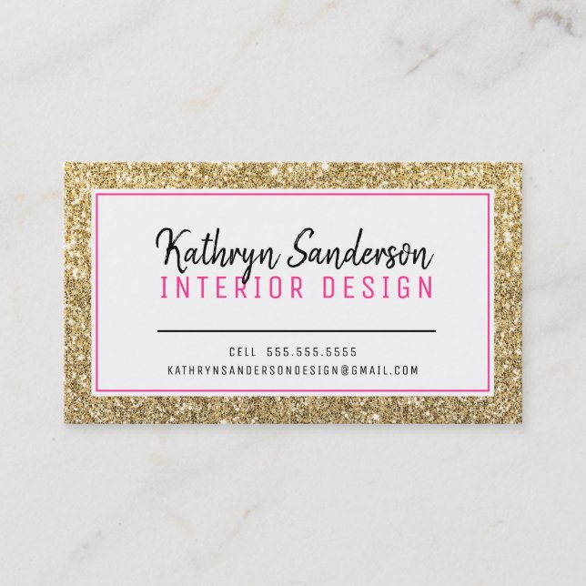 MINIMAL STYLISH plain border hot pink gold glitter Business Card (Front)