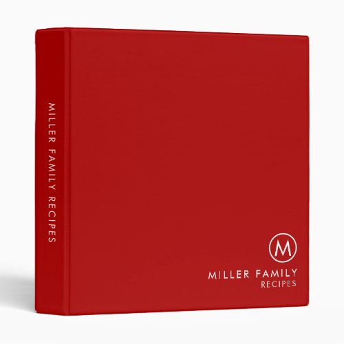 Minimal Stylish Red Family Monogram Recipe 3 Ring Binder