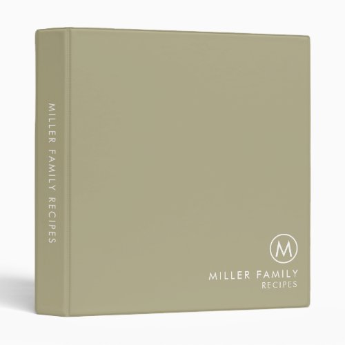 Minimal Stylish Sage Family Monogram Recipe 3 Ring Binder