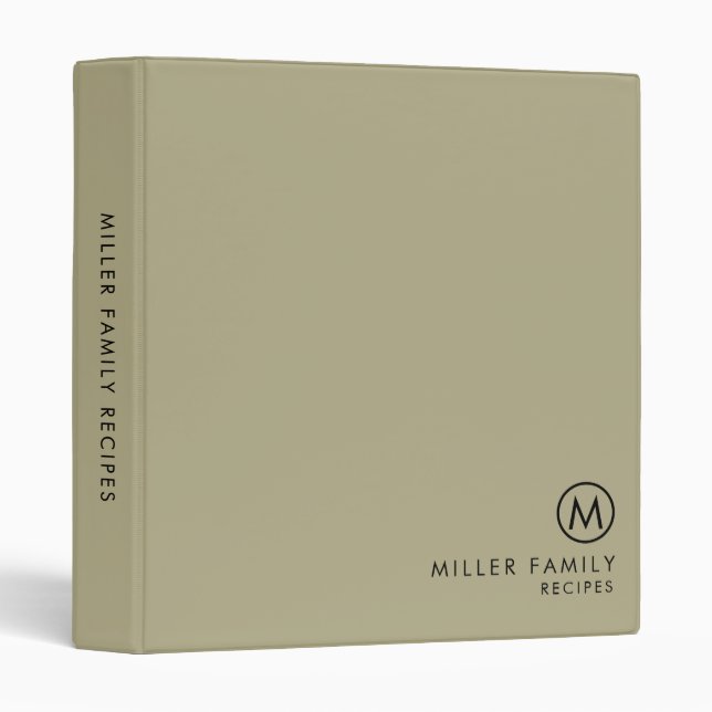 Minimal Stylish Sage Green Family Monogram Recipe 3 Ring Binder (Front/Spine)
