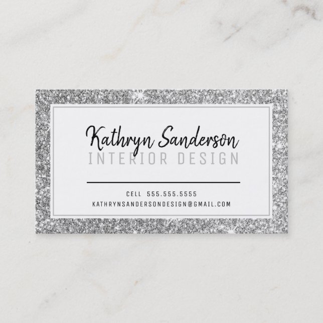 MINIMAL STYLISH simple border black silver glitter Business Card (Front)