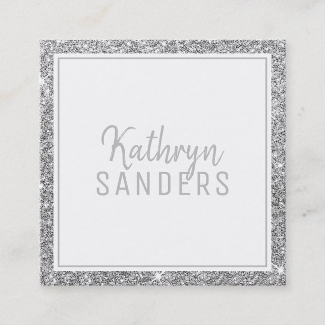 MINIMAL STYLISH simple border silver glitter gray Square Business Card (Front)