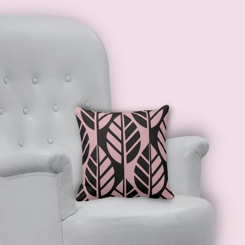 Minimal Stylized Black and Pink Leaves Pattern Throw Pillow