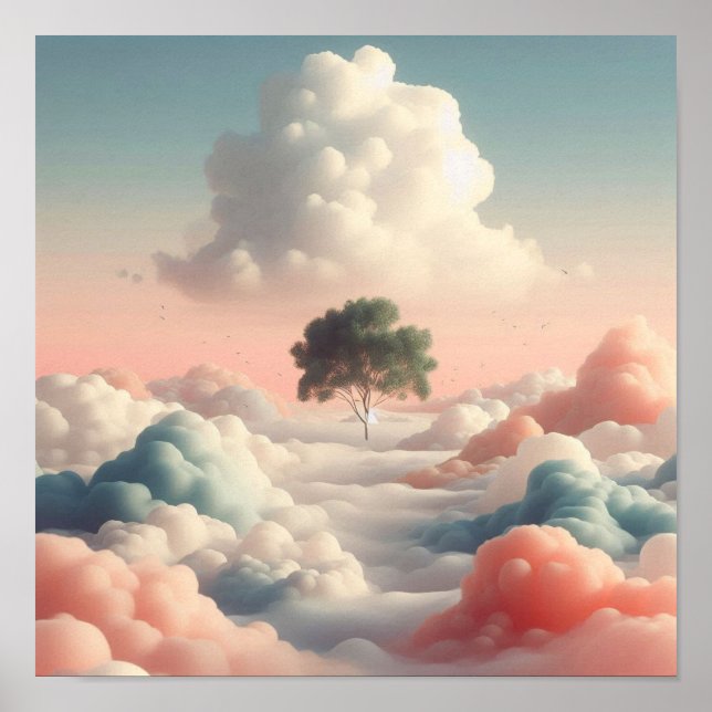 Minimal Surreal Tree Above Soft Pastel Clouds Poster (Front)