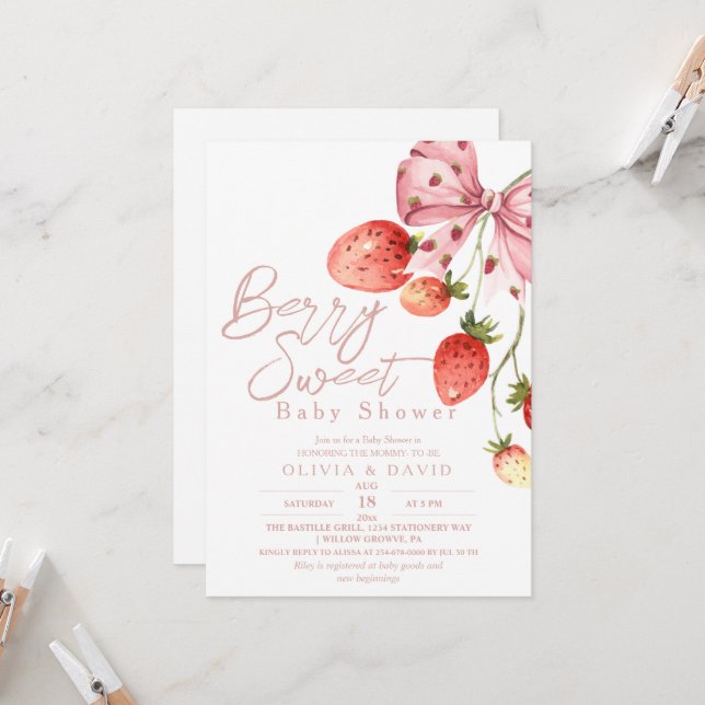 Minimal Sweet Berry Baby Shower Strawberry  Invita Invitation (Front/Back In Situ)