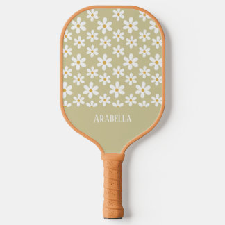 Minimal Tan and White Daisies Personalized Boho Pickleball Paddle