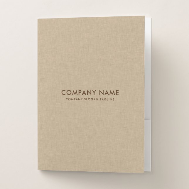 Minimal tan linen burlap texture print pocket folder (Front)
