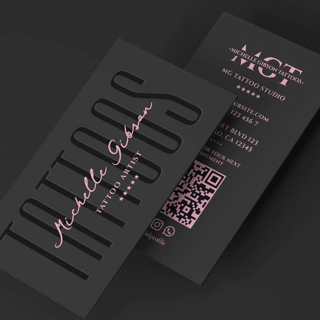Minimal Tattoo Artist Pink Black Tattooist Business Card (Creator Uploaded)