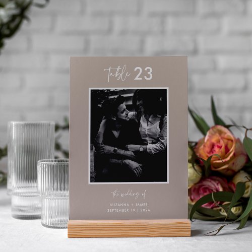 Minimal Taupe Calligraphy Script Photo Wedding Table Number