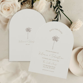 Minimal Taupe Palm Tree Beach Save The Date Invitation