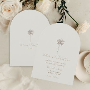 Minimal Taupe Palm Tree Beach Wedding Invitation
