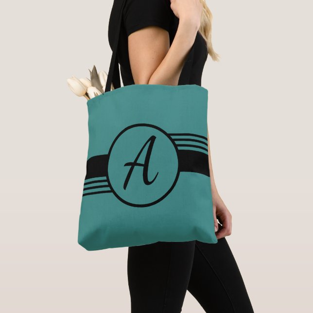 Minimal Teal Blue Monogram Initial Tote Bag (Close Up)