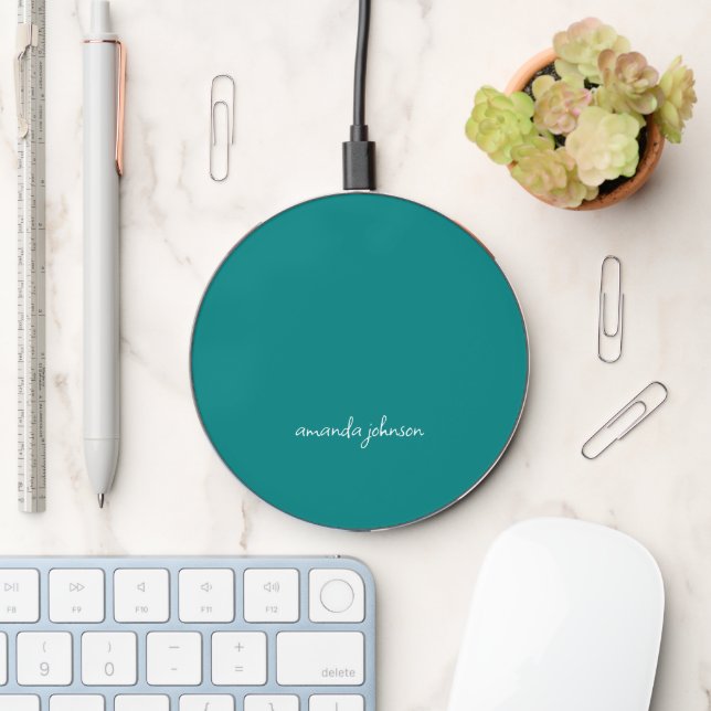 Minimal Teal Blue Monogrammed Wireless Charger (Desk)