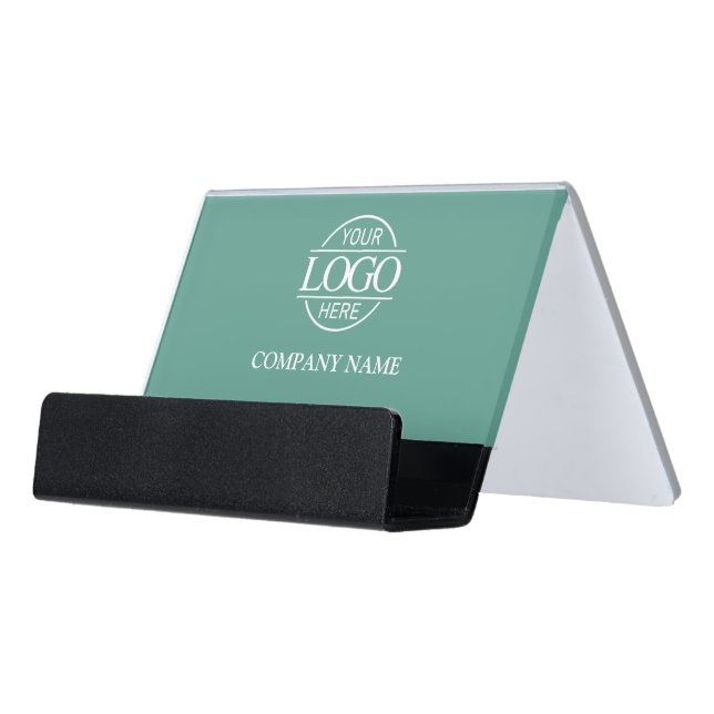 Minimal Teal Green Custom Company Business Logo Desk Business Card Holder (Angled Front)