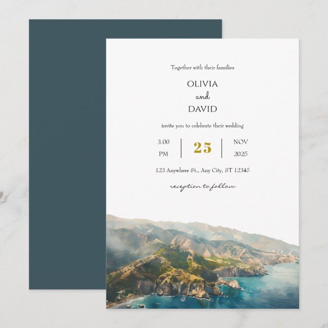 Minimal Teal Ocean Coastal Mountain Beach Wedding  Invitation (Front/Back)