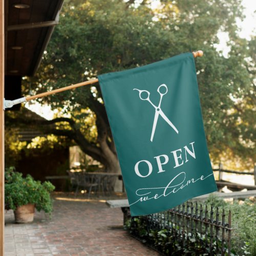 Minimal Teal White Scissors Welcome Open House Flag