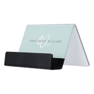 Minimal Teal White Script Monogram Desk Business Card Holder