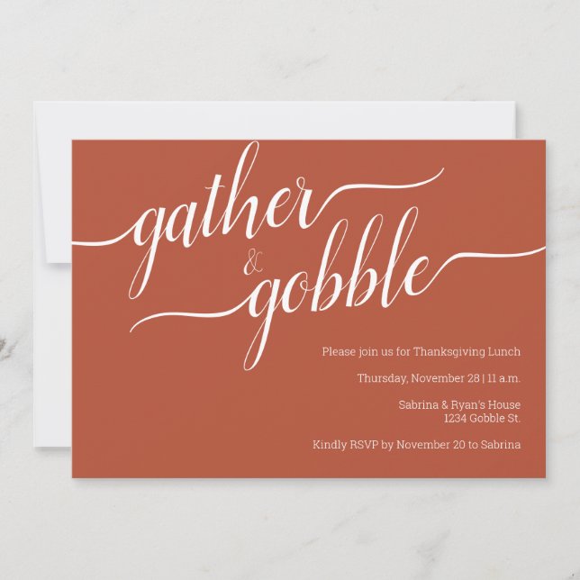 Minimal Terra Cotta Gather & Gobble Thanksgiving Invitation (Front)