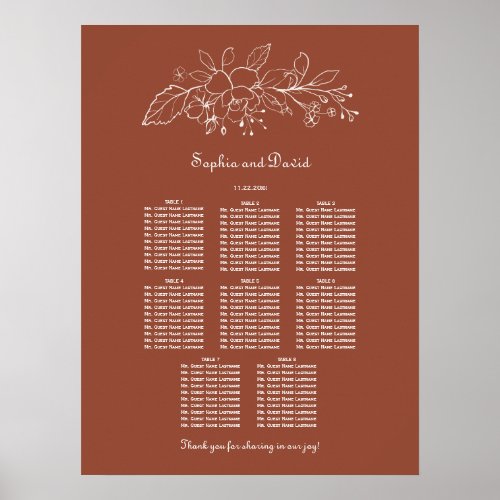 Minimal Terracotta 8 Tables Wedding Seating Chart