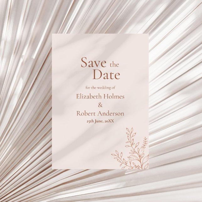 Minimal Terracotta Botanical Save the Date Invitation (Minimal Terracotta Botanical Save the Date Invitation on a sunny neutral dry palm leaf.)