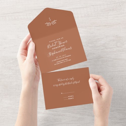 Minimal Terracotta Branch Calligraphy Bridal  All In One Invitation