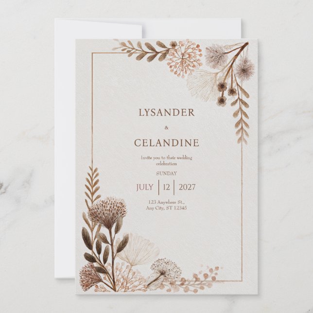 Minimal Terracotta Brown Dried Botanical Wedding Invitation (Front)
