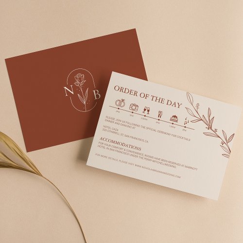 Minimal Terracotta Burnt Orange Wedding Timeline Enclosure Card