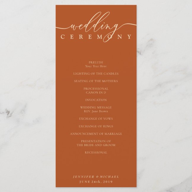 Minimal terracotta Ceremony wedding Program