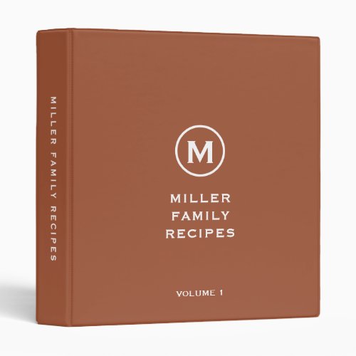 Minimal Terracotta Classic Family Monogram Recipe 3 Ring Binder