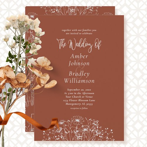 Minimal Terracotta Floral QR Code Elegant Wedding Invitation