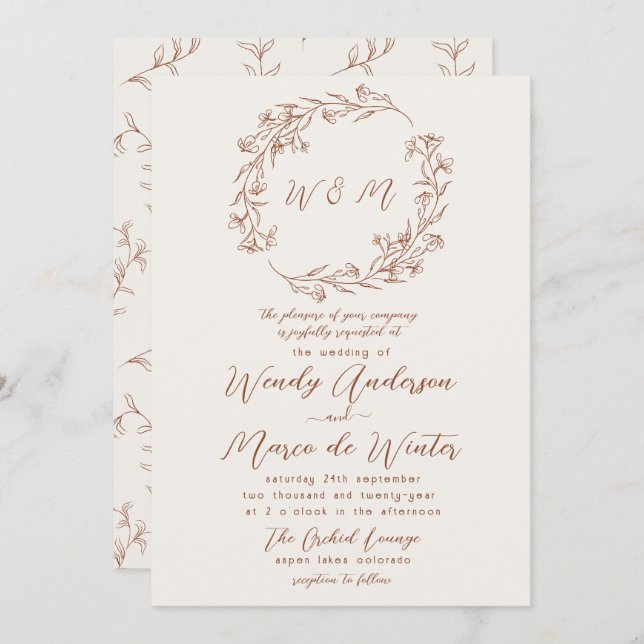 Minimal Terracotta Rust Boho Botanical Wedding Invitation (Front/Back)
