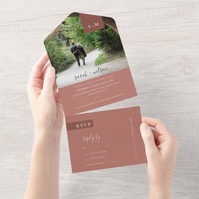 MINIMAL TERRACOTTA RUST MONOGRAM WEDDING PHOTO ALL ALL IN ONE INVITATION (Tearaway)