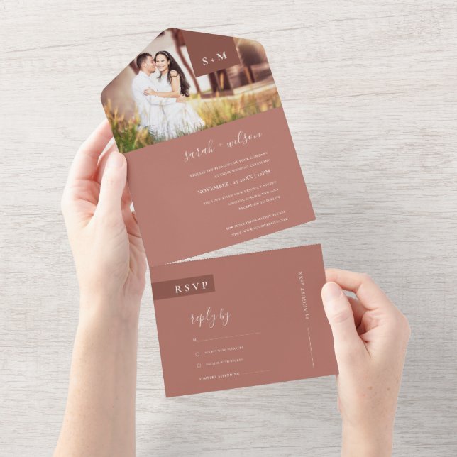 MINIMAL TERRACOTTA RUST MONOGRAM WEDDING PHOTO ALL IN ONE INVITATION (Tearaway)