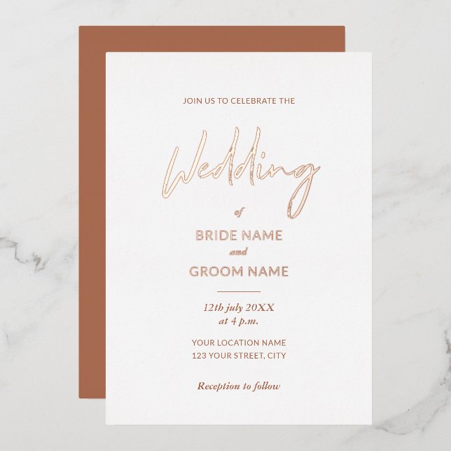 Minimal Terracotta Script Wedding  Foil Invitation (Front/Back)