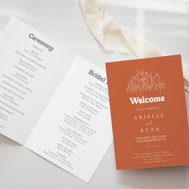 Minimal Terracotta Wildflower Folded Wedding Program (Creator Uploaded)