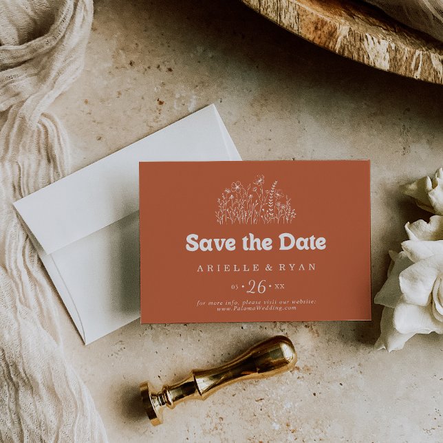 Minimal Terracotta Wildflower Horizontal Wedding Save The Date (Creator Uploaded)
